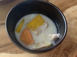 One of my favourite desserts Kluai buat chi! We got to add some pumpkin and sweet potato after my request.   at Hotpot Panda in Chiang Mai