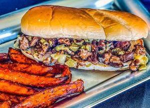 St'ak and Cheese with Sweet Potato fries at Planted Foods Express in Ofallon