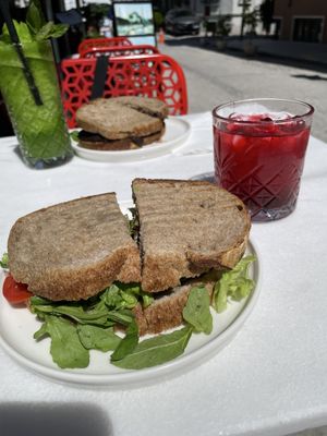 Avocado sandwich, iced pomegranate tea.  at North Art Coffee in Istanbul
