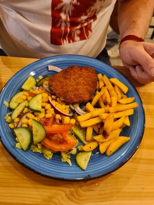 The "Loin" w/o sauce and a loveless salad at Green Planet Dinner   in Gran Canaria