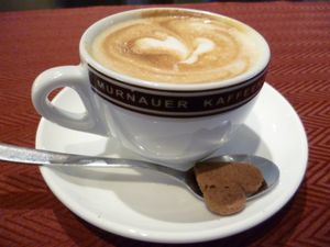 Cappuccino with beans from regional roastery and delicious oat milk at Biomarkt Biodelikat in Bad Toelz
