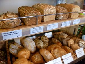 Nice organic bakery offers ... fresh bread and rolls ... vegan biscuits and croissants at Biomarkt Biodelikat in Bad Toelz