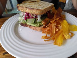 Hummus sandwich and carrot chips at Astro Café Bistro in San Cristobal De Las Casas