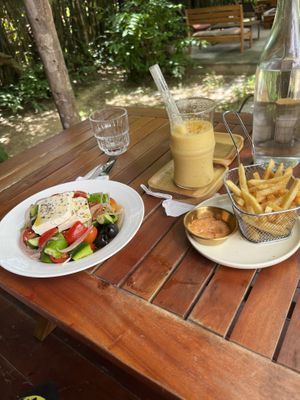 Salad, fries and mango lassi  at PlantLab in Hoi An