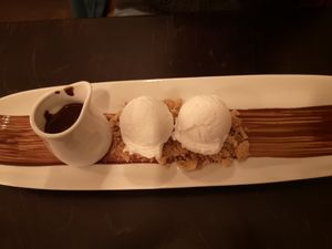 Home made vegan vanilla ice and chocolate sauce at Zus en Zo in Bocholt