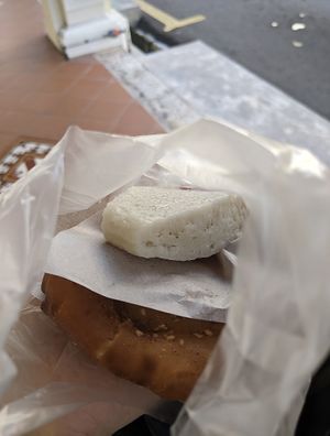 Steamed rice cake on top, fried dough pancake at the bottom  at Pan Cake and Steam Rice Cake Stall in Penang