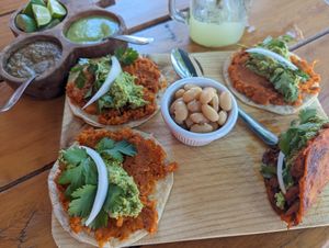 Chorizo (garbanzo) tacos and one birria taco at Elixir Spot - Centro - temporarily closed in Puerto Vallarta