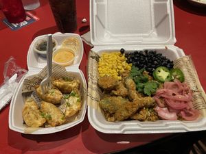 Vegetable potstickers and carne asada bowl made vegan    at Vandals Street Kitchen in Mobile