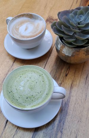 Matcha latte and cappuccino at Marmalade in Amman