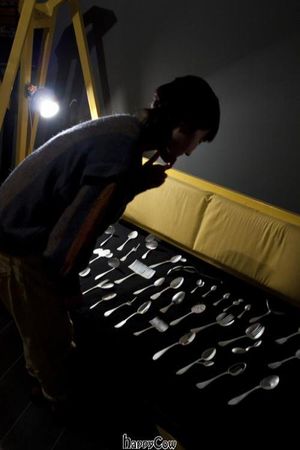 Steinbeisser Experimental Gastronomy Winter Edition took place from 8 - 10 February 2013. Guest choosing her favourite eating tool. at Steinbeisser Experimental Gastronomy in Amsterdam