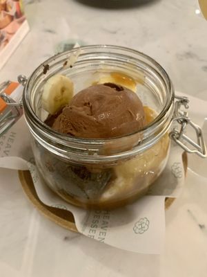 Chocolate brownie sundae with banana, chocolate ice cream and salted caramel sauce   at Heavenly Desserts in Aberdeen