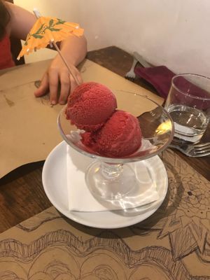 Gelado vegan de framboesa at Terra Restaurante Natural in Lisbon