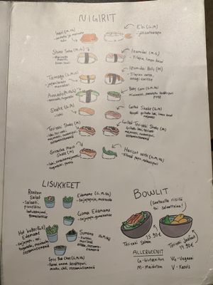 Menu with vegan options clearly labeled   at Oishi 18 Katajanokka in Helsinki