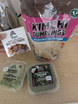 Beefless Tenders, kimchi Dumplings, vegan pesto and vegan kale/ Edamame dip at Farm Boy in Toronto