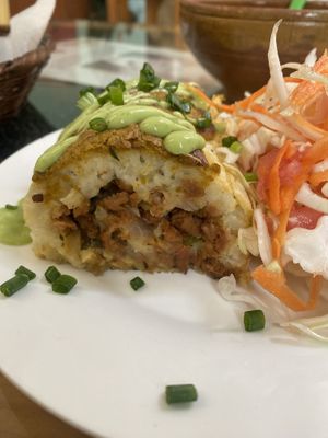Enrollado de papa - potato filled with soya meat and veggies put in the oven.   at Reencuentro con la Naturaleza in La Paz