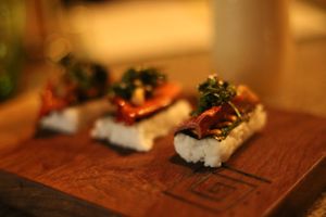 Papaya nigiri with papaya jerky at Aliado Bar & Aperitivo in San Juan