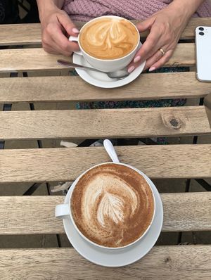 Oat dirty chai (front); oat vanilla latte (back)  at Pages in Cambridge