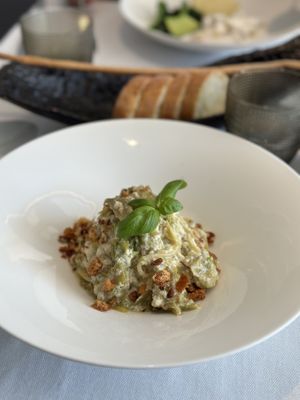 Artichocke and tofu pasta with crispy focaccia  at Marixx in Ventimiglia