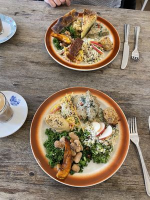 Healthy and GF food (down the bottom) and full vegan plate (at the top of the photo)  at Almanac Cafe in Plymouth