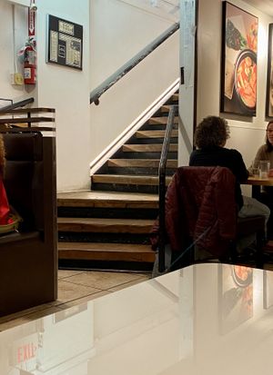 Stairs to access the restaurant in the basement level   at Asiana Noodle Shop in Burlington