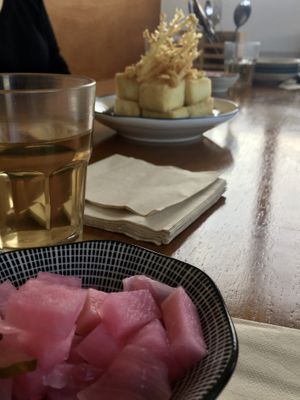 Agedashi tofu (fried tofu and enoki served with vegan sauce)  at Soombida - 숨비다 in Jeju
