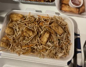 Fried noodles with tofu + vegetables spring rolls  at Asia Imbiss Panda in Mannheim