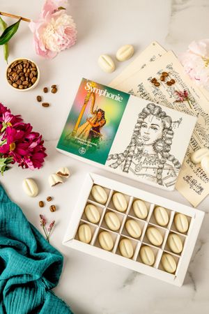 white chocolate bonbons filled with coffee cream. at Végéta'Ly in Tourcoing