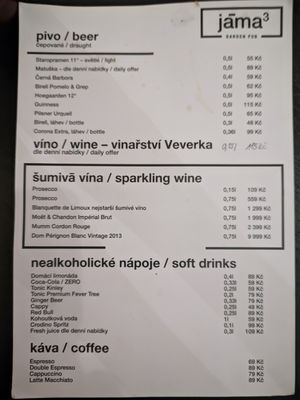 Drink menu at Jáma³ Garden Pub in Prague