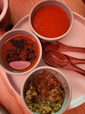 Salsas y tostadas (salsas verde, macha, y roja) at Cantina Calafia in Portland