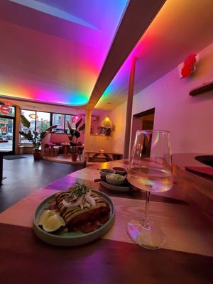 Mushroom enchiladas with a side of avocado crema & trio of salsas at Cantina Calafia in Portland