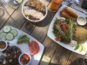 Gallo pinto, oatmeal and luv burger casado at Luv Burger in Samara