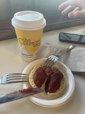 Crumpet with preserves and oat lattee #Veganuary at The Crumpet Shop in Seattle