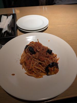 Soy meat bolognese (the photo doesn't do it justice, it was delicious) at Rigoletto Bar and Grill in Tokyo