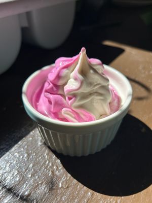 Vegan prickly pear and vanilla swirl ice cream at Main Street Bistro in Bisbee