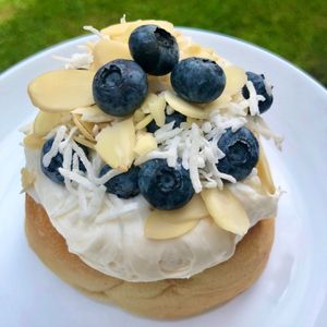 Cream Cheese Frosting, Blueberries, Coconut, and Almonds! at Cinnaholic in Myrtle Beach