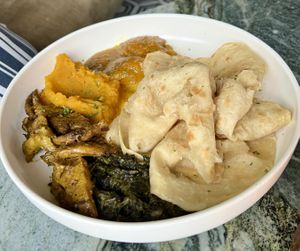 Buss Up Shut Roti Plate - the roti is a bit large compared to the rest of the food, but it was delicious so I'm not complaining  at HAAM - Caribbean Plant Cuisine in Brooklyn