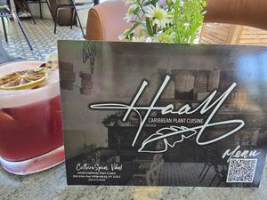 Menu QR code with sorrel mocktail at HAAM - Caribbean Plant Cuisine in Brooklyn