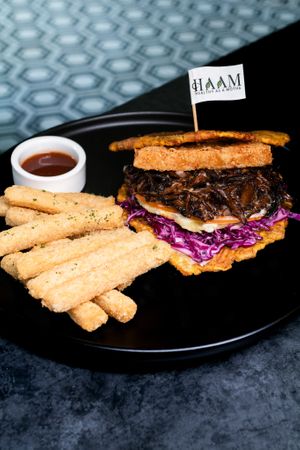 Patacon de Jerk Mushrooms at HAAM - Caribbean Plant Cuisine in Brooklyn