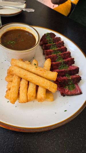 Steak with yukka fries at HAAM - Caribbean Plant Cuisine in Brooklyn