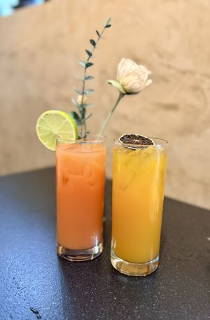 Guava and passion fruit juicee  at HAAM - Caribbean Plant Cuisine in Brooklyn
