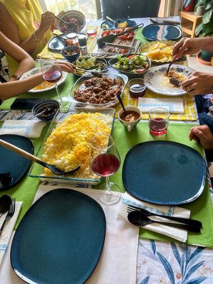 Rice, stew, kebab, salad  at Persian Dinning in Barcelona
