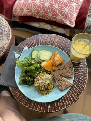Went here on two separate occasions so far - the first was breakfast - the scrambled tofu is delightful— the veggies are SO FRESH and the Kurkuma latte (turmeric) was delightful  at Bataat in Amsterdam