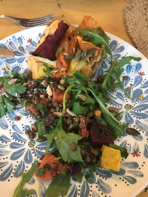 Half of the pumpkin hummus sandwich (open faced)  at Bataat in Amsterdam