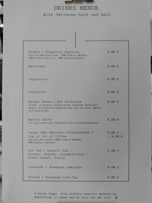 Prices for the drinks. at Mansfield Park in Berlin