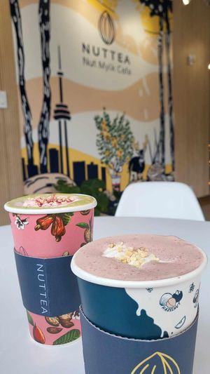 Matcha (Christmas edition) is the green one and other one is the Red velvet nut latte at Nuttea in Toronto
