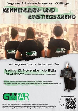 Du lebst vegan und interessierst dich für Aktivismus? Dann lerne uns und unsere Arbeit in lockerer Atmosphäre, mit leckerem veganem Essen, informativem Austausch und viel Spaß kennen. Freitag, 10.11.2023, ab 18h im Stilbrvch. Wir freuen uns auf dich! at GöfAR - Göttingen for Animal Rights in Gottingen