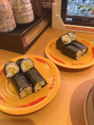 A pickled radish roll and a plum with cucumber roll  at Sushiro - Shinjuku in Tokyo