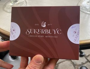 Box appearance - the staff was kind enough to label mine with a 'V' to prevent mixups. :) at Chocolaterie Sukerbuyc in Bruges