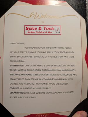I appreciated this message as a vegan person with family members who have food allergies. at Spice & Tonic - Indian Cuisine & Bar in Minneapolis