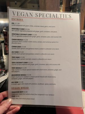Separate vegan menu with knowledgeable staff! at Spice & Tonic - Indian Cuisine & Bar in Minneapolis